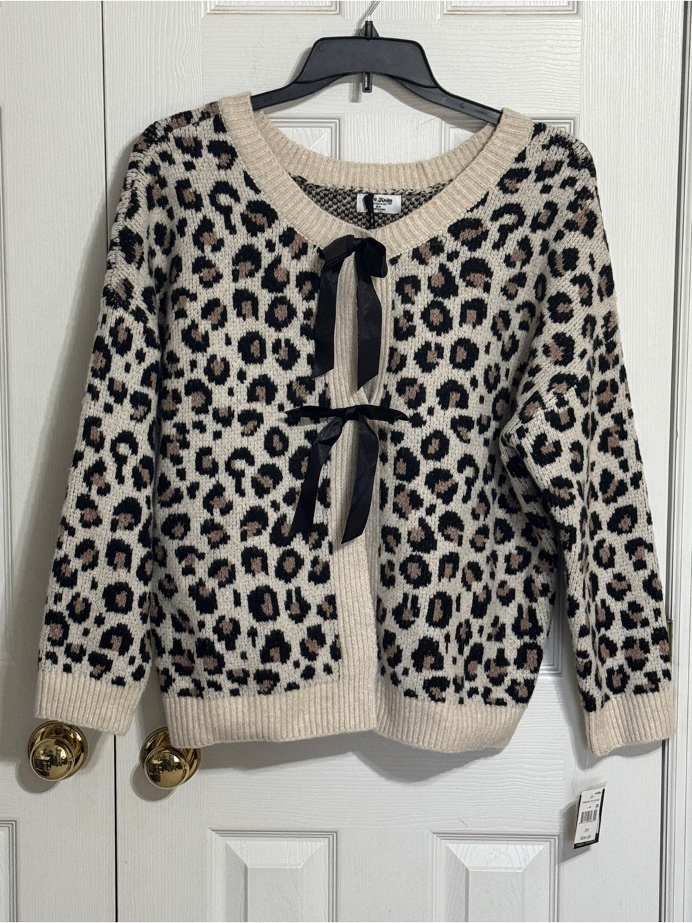 Leopard Bow-Front Knit Cardigan – Cream/Black